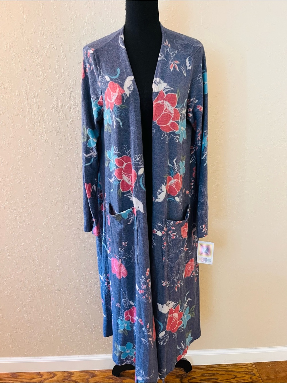 Sara Floral Knit Long Cardigan in Navy with Coral & Teal Accents